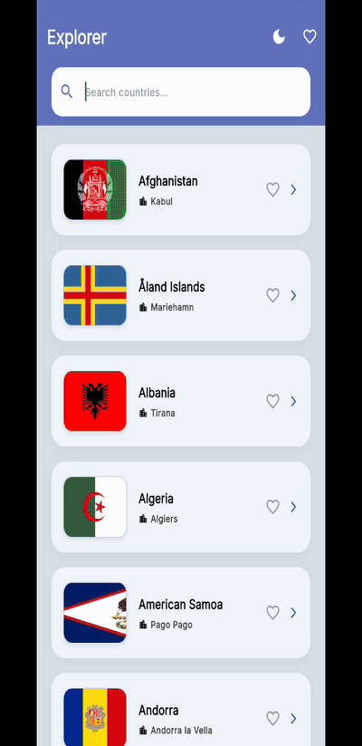 Country Info Sync demo showing the country list, search, favourites, country details and dark mode
