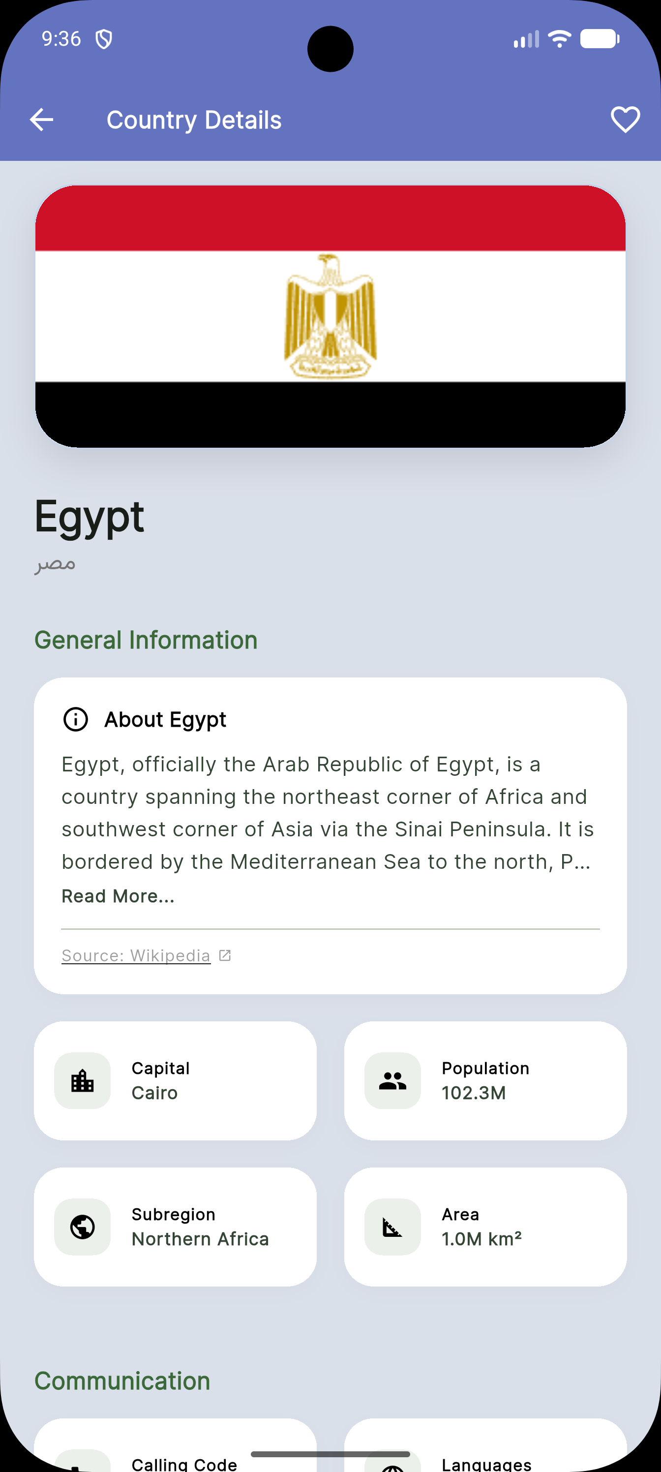 Country details screen showing population, capital, languages and currencies