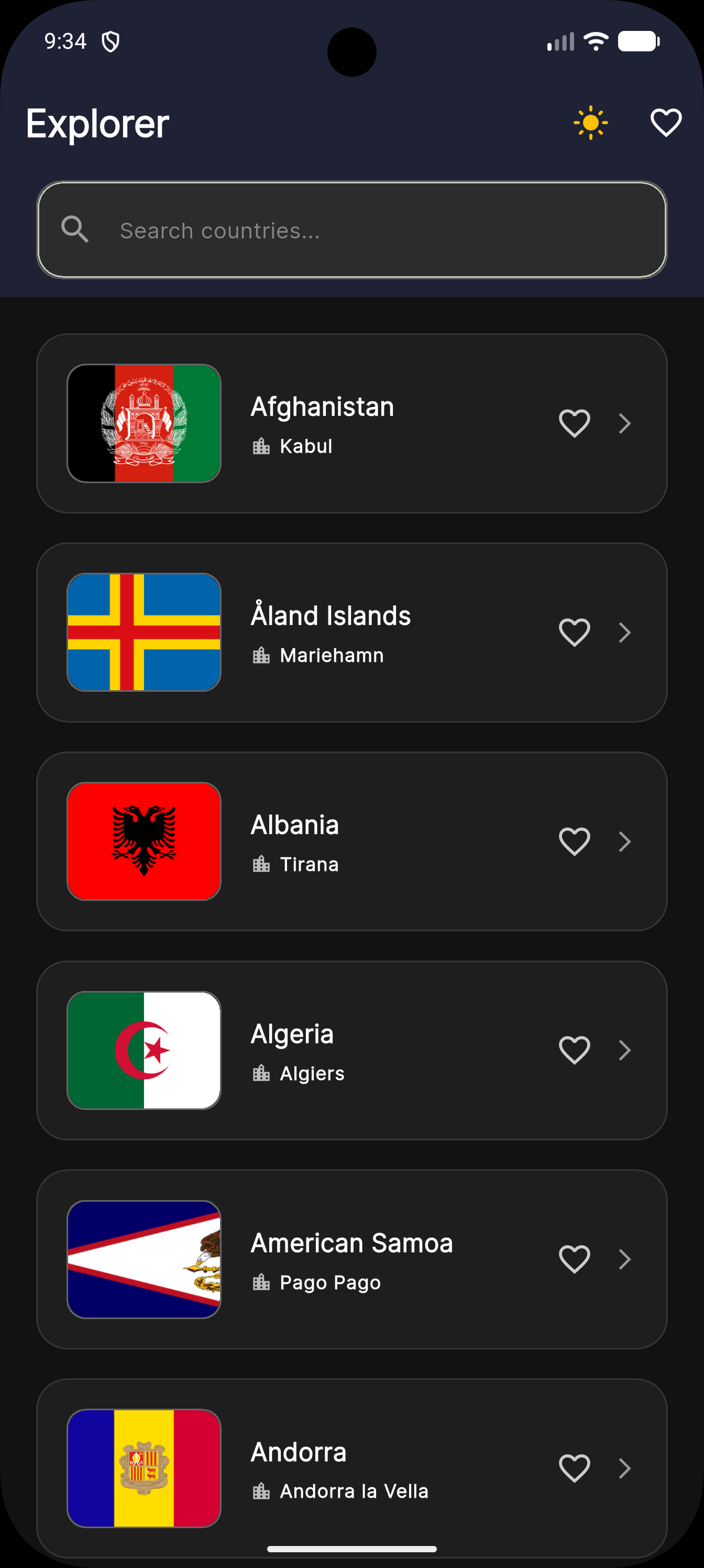 Country Info Sync home screen in dark mode