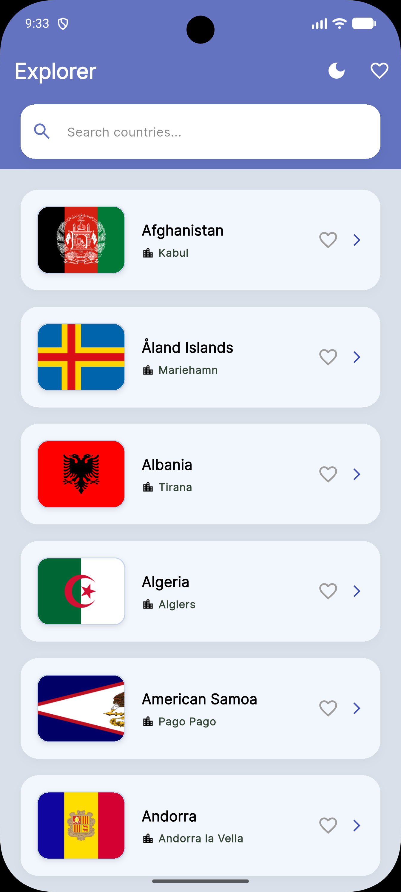 Country Info Sync home screen showing a list of countries with flags and capitals